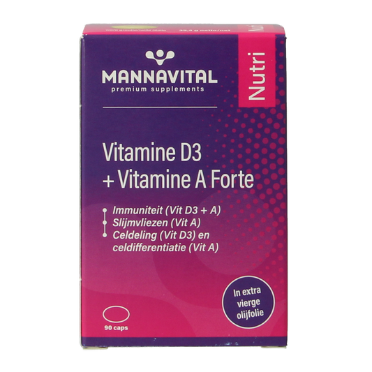 Mannavital Vitamin D3 and Vitamin A Forte multi capsules, 90-count, with colorful capsule images on a white background.
