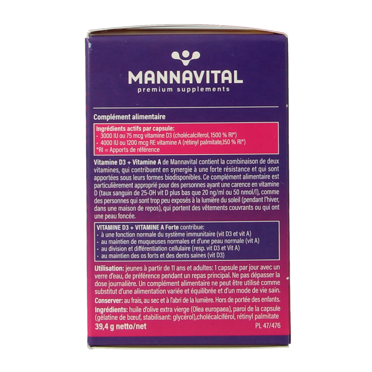 Mannavital Vitamine D3 and A Forte capsules, dietary multivitamins in a blister pack, supplement for daily health support.