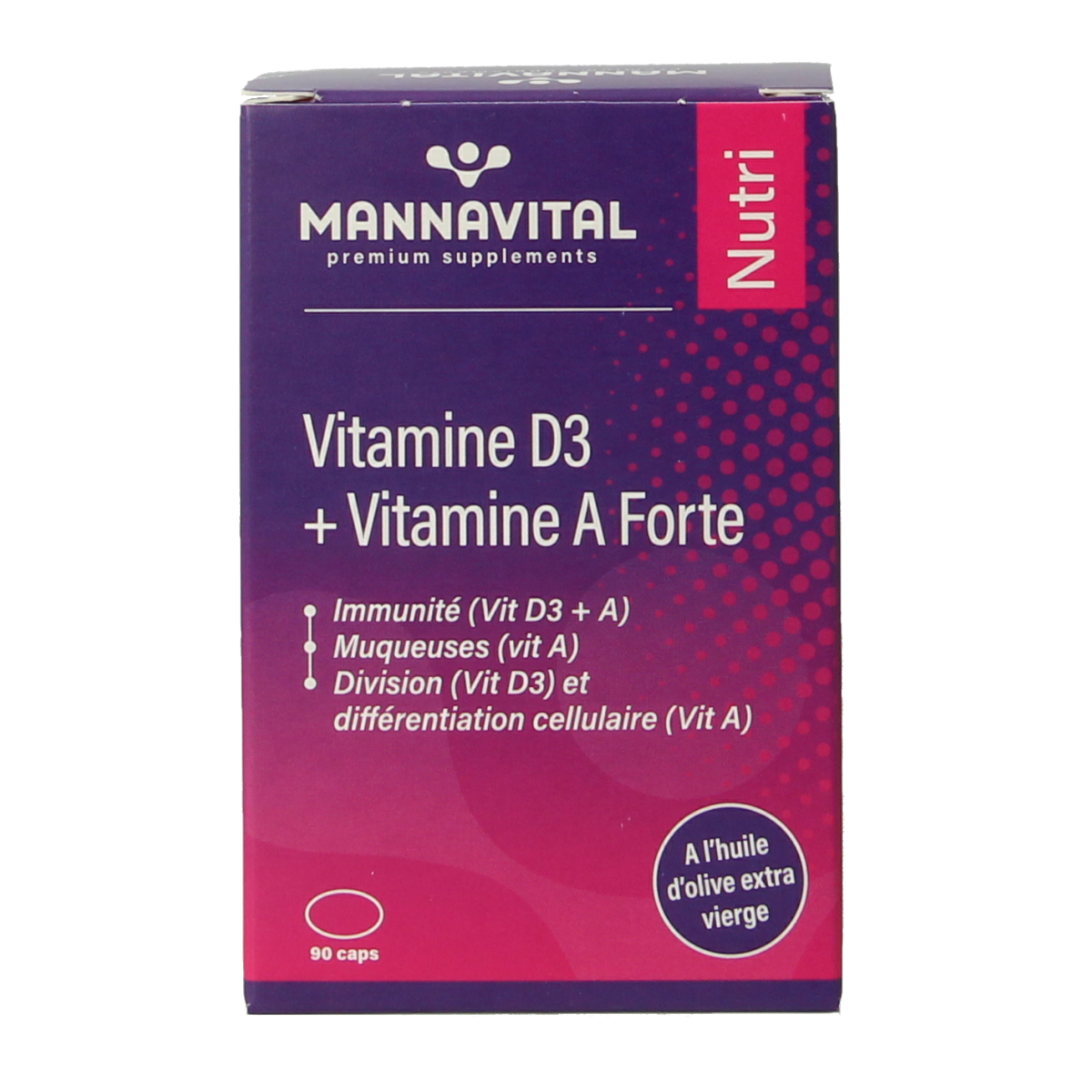 Mannavital Vitamin D3 and A Forte capsules, multivitamin supplement with 90 soft gel capsules, showing the product packaging.