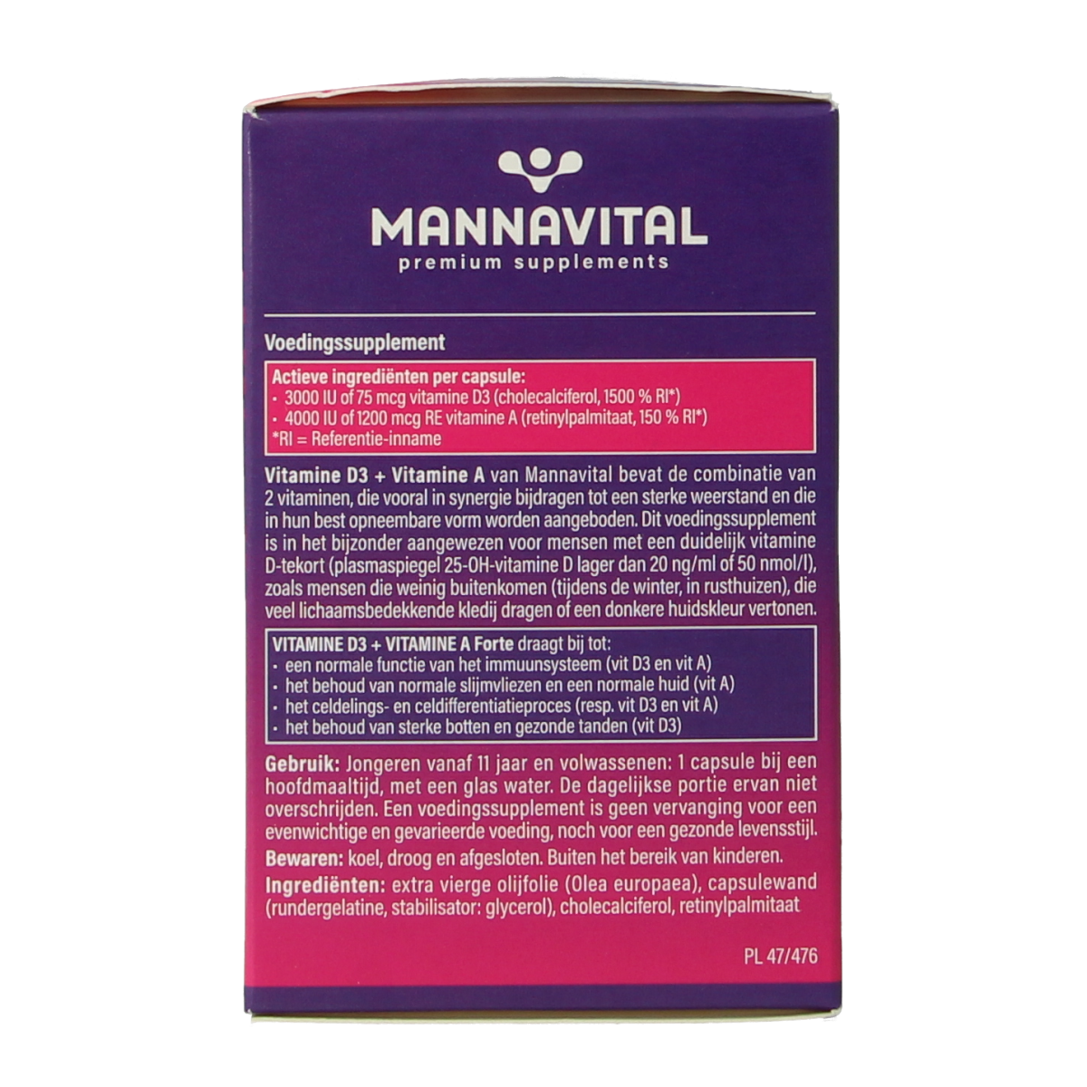 Mannavital Vitamin D3 and A Forte capsules, dietary supplement in a bottle, containing 90 multi-vitamin capsules.