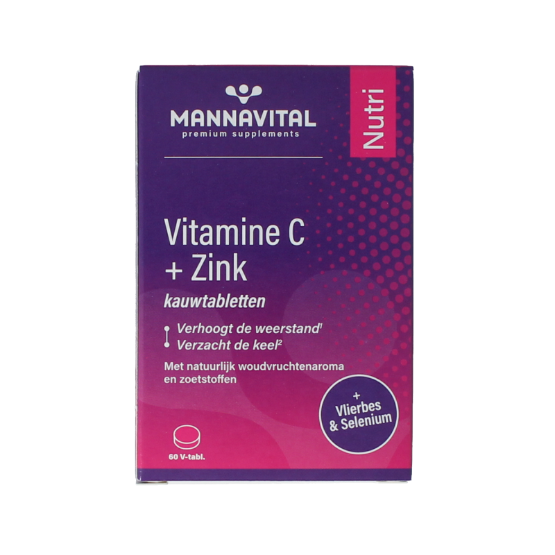 Mannavital Vitamin C plus zinc 60 tablets, natural supplement for immune support, shown in bottle with tablets visible.