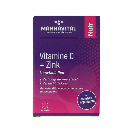 Mannavital Vitamin C plus zinc 60 tablets, natural supplement for immune support, shown in bottle with tablets visible.