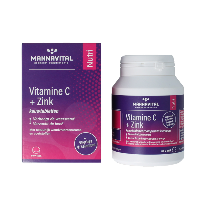 Mannavital Vitamin C plus Zinc 60 tablets, natural supplement with orange flavor, showing the bottle and tablets on a white background.