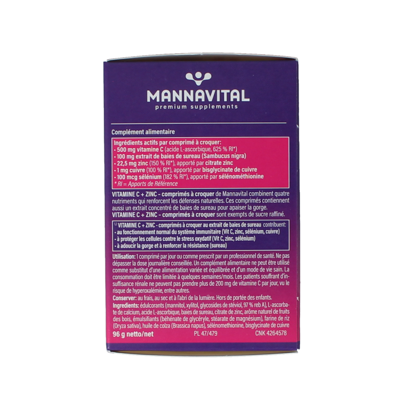 Mannavital Vitamin C plus Zinc 60 tablets, dietary supplement with orange-flavored effervescent tablets in a blister pack