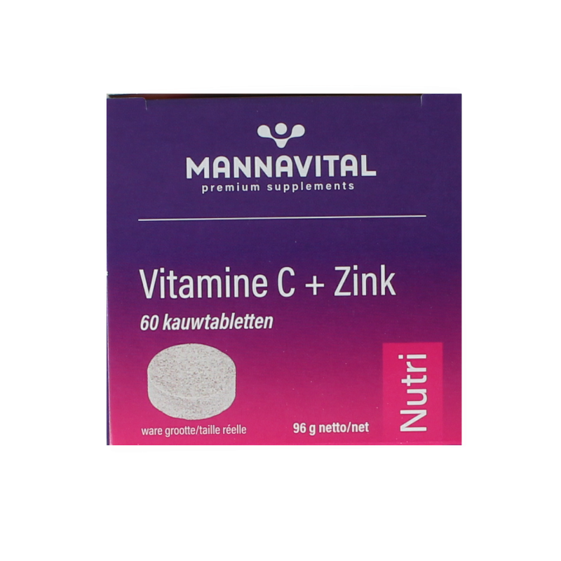 Mannavital Vitamin C plus Zinc 60 tablets, dietary supplement with orange-flavored effervescent tablets, close-up of the product package