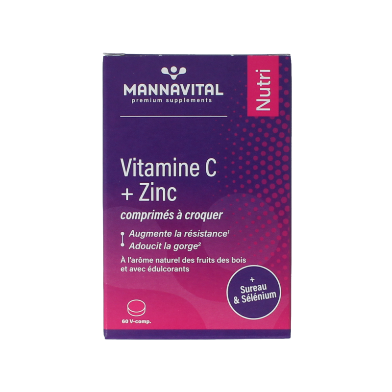 Mannavital Vitamin C plus zinc supplement in a bottle of 60 tablets, showing the product label and tablets inside