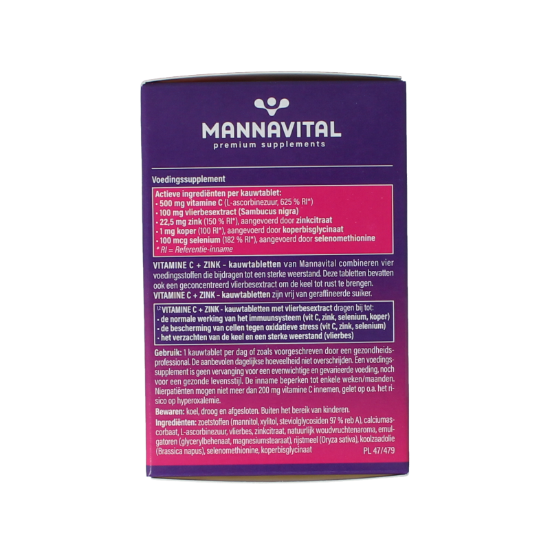 Mannavital Vitamin C plus Zinc 60 tablets, dietary supplement with orange-flavored tablets for immune support and daily health.