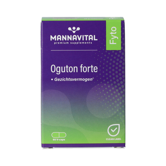 Mannavital Oguton Forte vegetarian herbal capsules in a bottle, displayed with the supplement label and capsules visible.