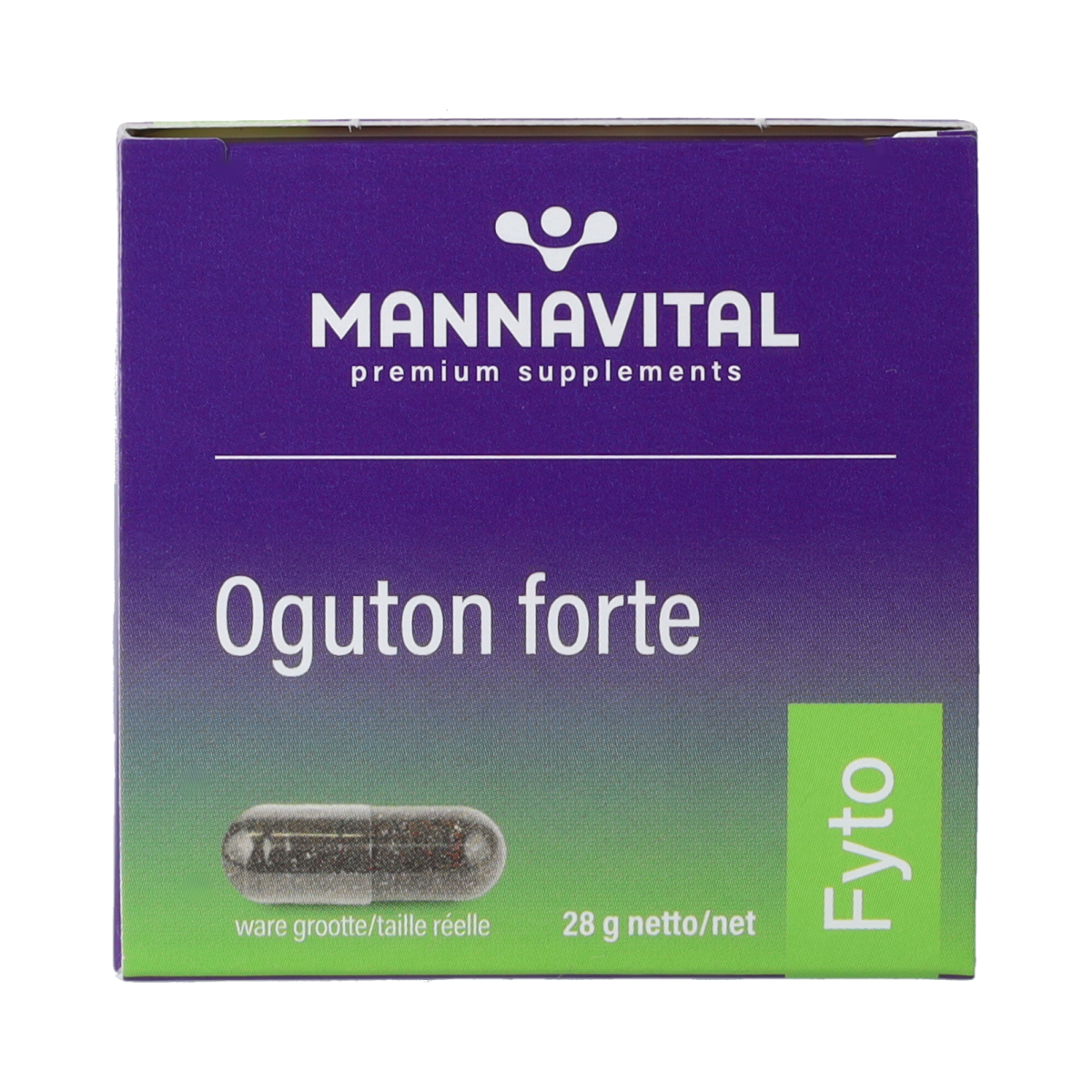 Mannavital Oguton forte vegetarian herbal capsules in a white bottle with a label, shown against a plain background.