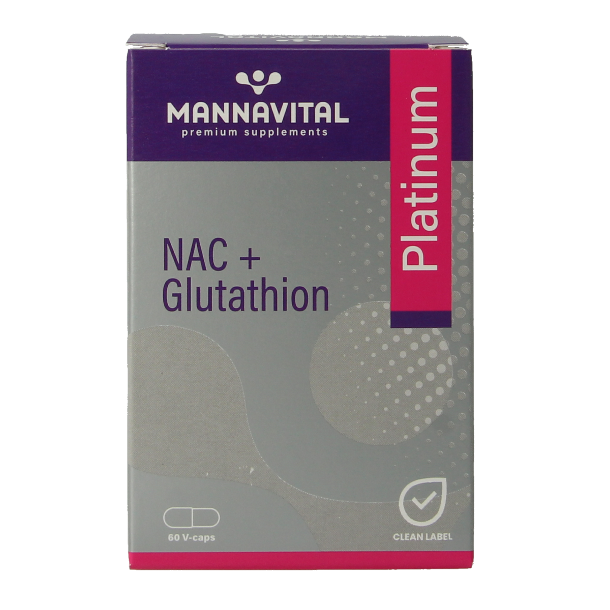 Mannavital NAC + Glutathione Platinum amino acid vegetarian capsules in a bottle, dietary supplement for antioxidant support.