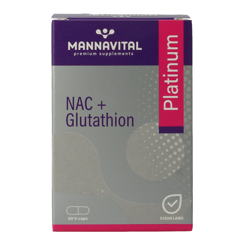 Mannavital NAC + Glutathion Platinum amino acid capsules in a bottle, vegetarian dietary supplement by Mannavital.