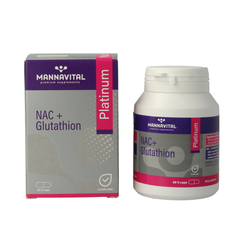 Mannavital NAC + Glutathion Platinum vegetarian capsules, amino acids supplement with white and green capsule imagery