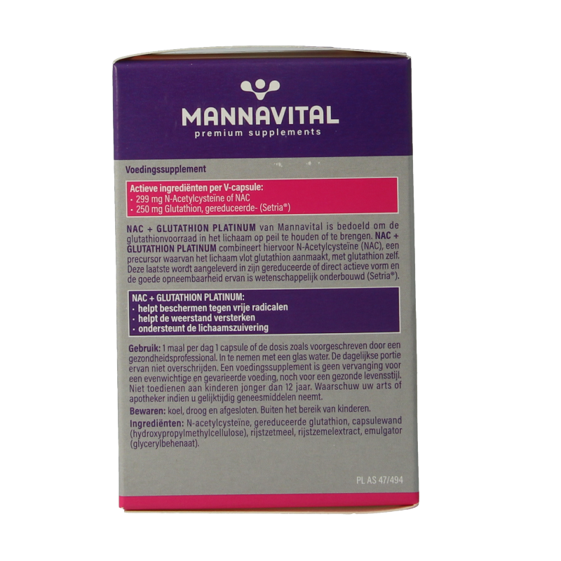 Mannavital NAC + Glutathion Platinum vegetarian capsules, dietary supplement with amino acids, in a clear container.