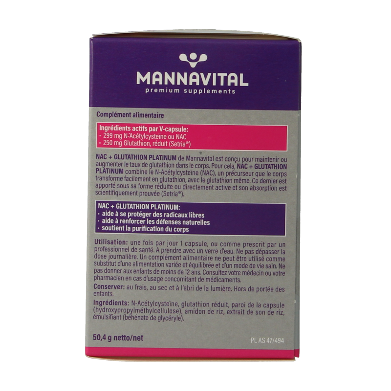 Mannavital NAC + Glutathion Platinum vegetarian capsules, amino acids supplement in a sleek bottle with capsules visible.