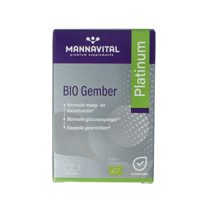 Mannavital Gember Platinum Bio vegetarian capsules in a bottle, showing the herbal supplement packaging.