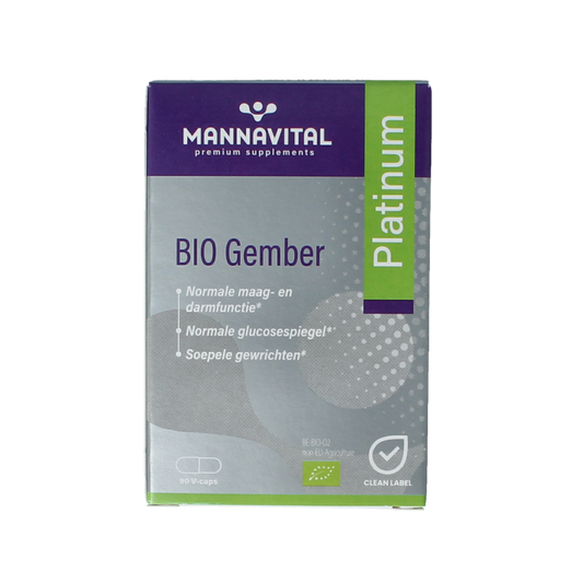 Mannavital Gember Platinum Bio vegetarian capsules in a bottle, showing the herbal supplement packaging.
