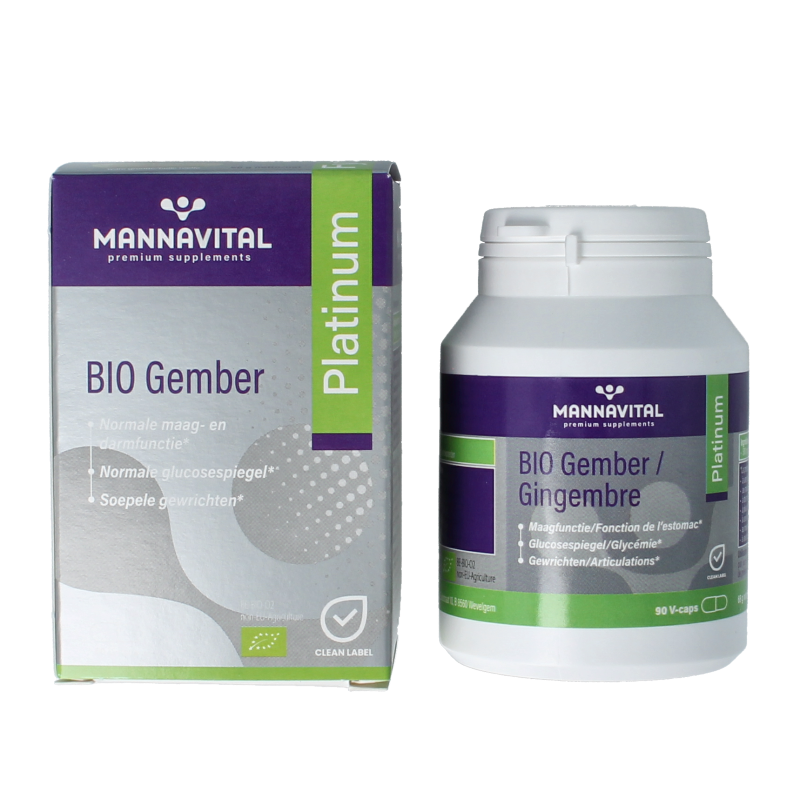 Mannavital Gember Platinum bio vegetarische capsules in een open doos, tonen de capsule verpakking en label.