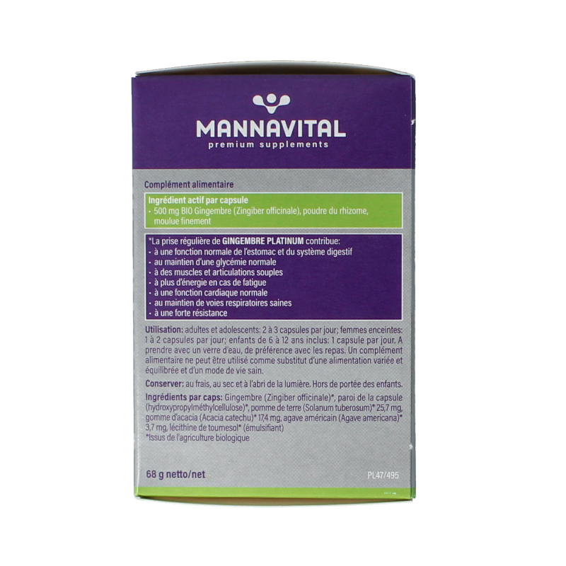 Mannavital Gember Platinum Bio vegetarian capsules in a bottle, herbal supplement for wellness.