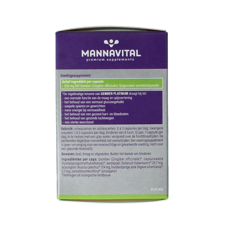 Mannavital Gember Platinum Bio vegetarian capsules, herbal supplement with ginger, shown in a bottle with capsules inside.