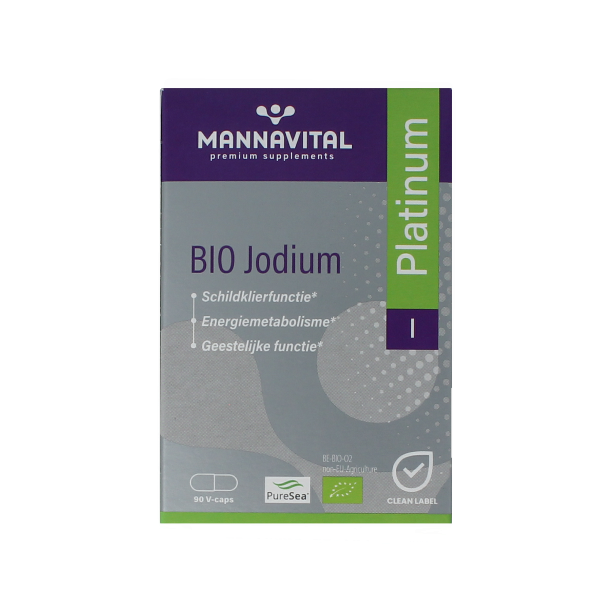 Mannavital Jodium Platinum Bio vegetarian capsules, herbal supplement in green bottle, with capsules visible inside.