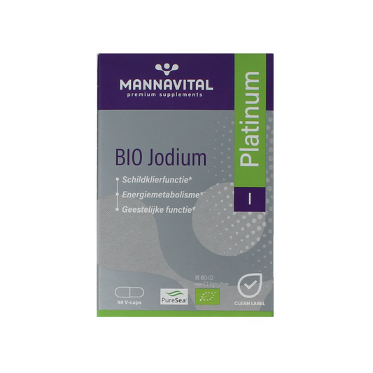 Mannavital Jodium Platinum Bio vegetarian capsules, herbal supplement in green bottle, with capsules visible inside.