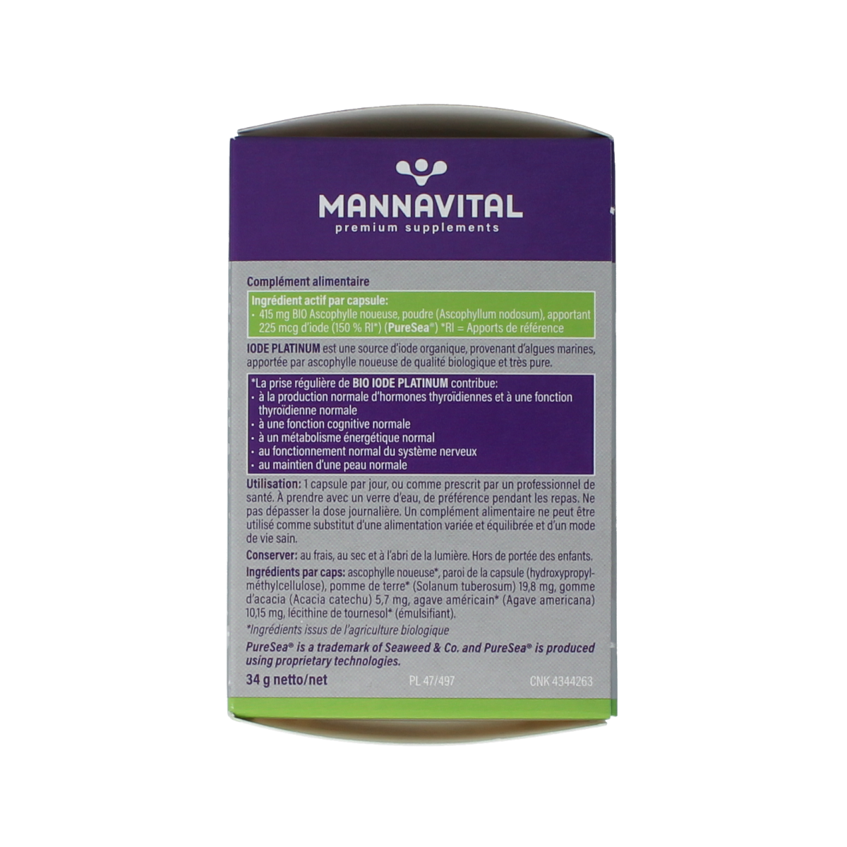 Mannavital Jodium Platinum Bio vegetarian capsules, herbal supplement in a clear bottle with capsules visible inside.