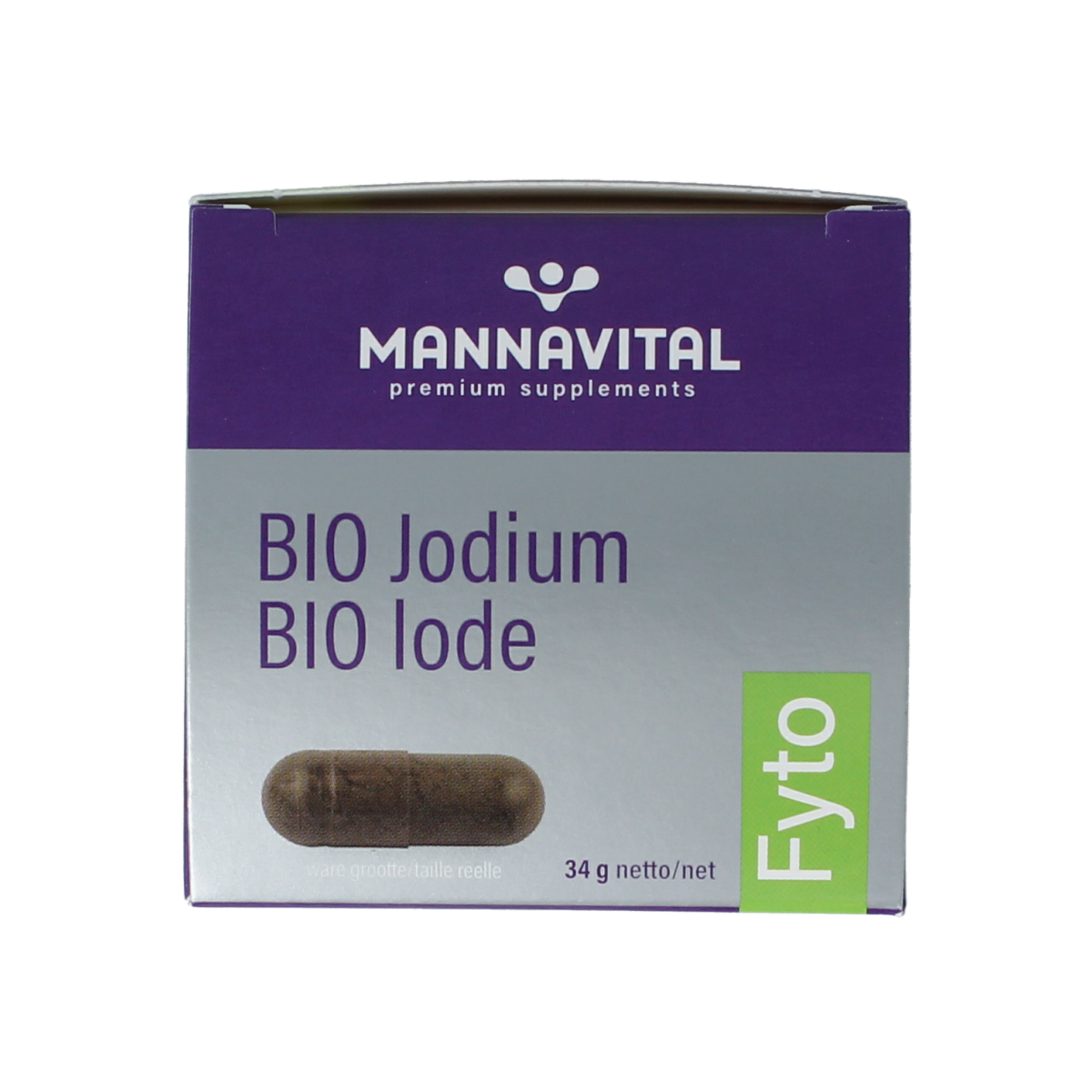 Mannavital Jodium Platinum Bio vegetarian capsules, herbal supplement in a clear bottle with white cap.