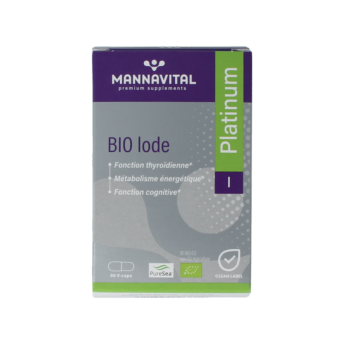 Mannavital Jodium Platinum Bio vegetarian capsules, herbal supplement in a clear bottle with capsules visible inside.