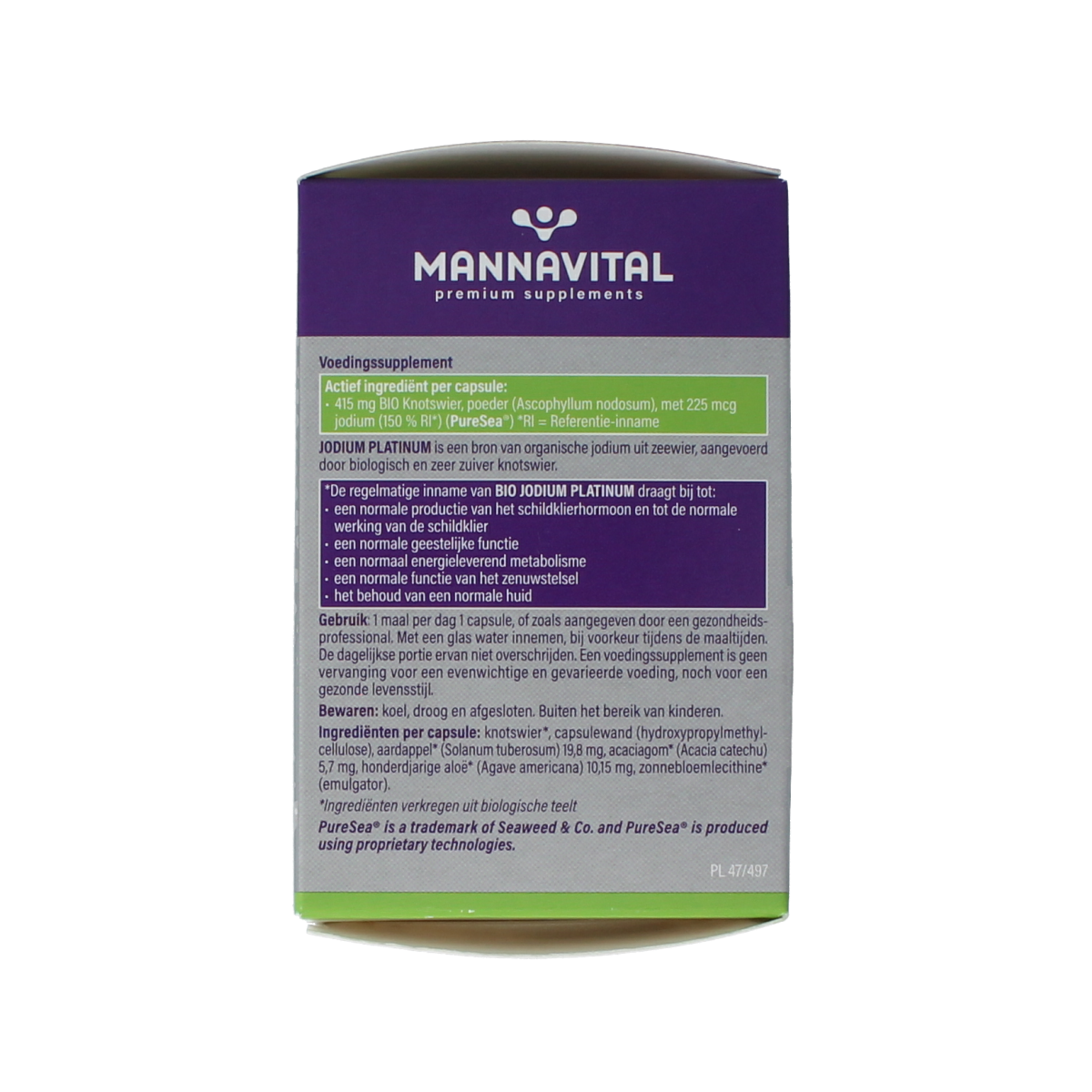 Mannavital Jodium Platinum Bio vegetarian herbal capsules, dietary supplement, with natural plant-based ingredients.