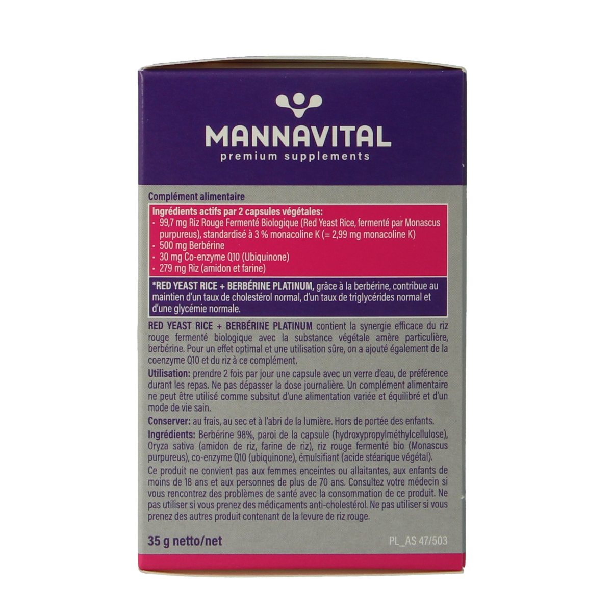 Mannavital Rode Rijst + Berberine Platinum vegetarian herbal capsules, dietary supplement with natural ingredients.