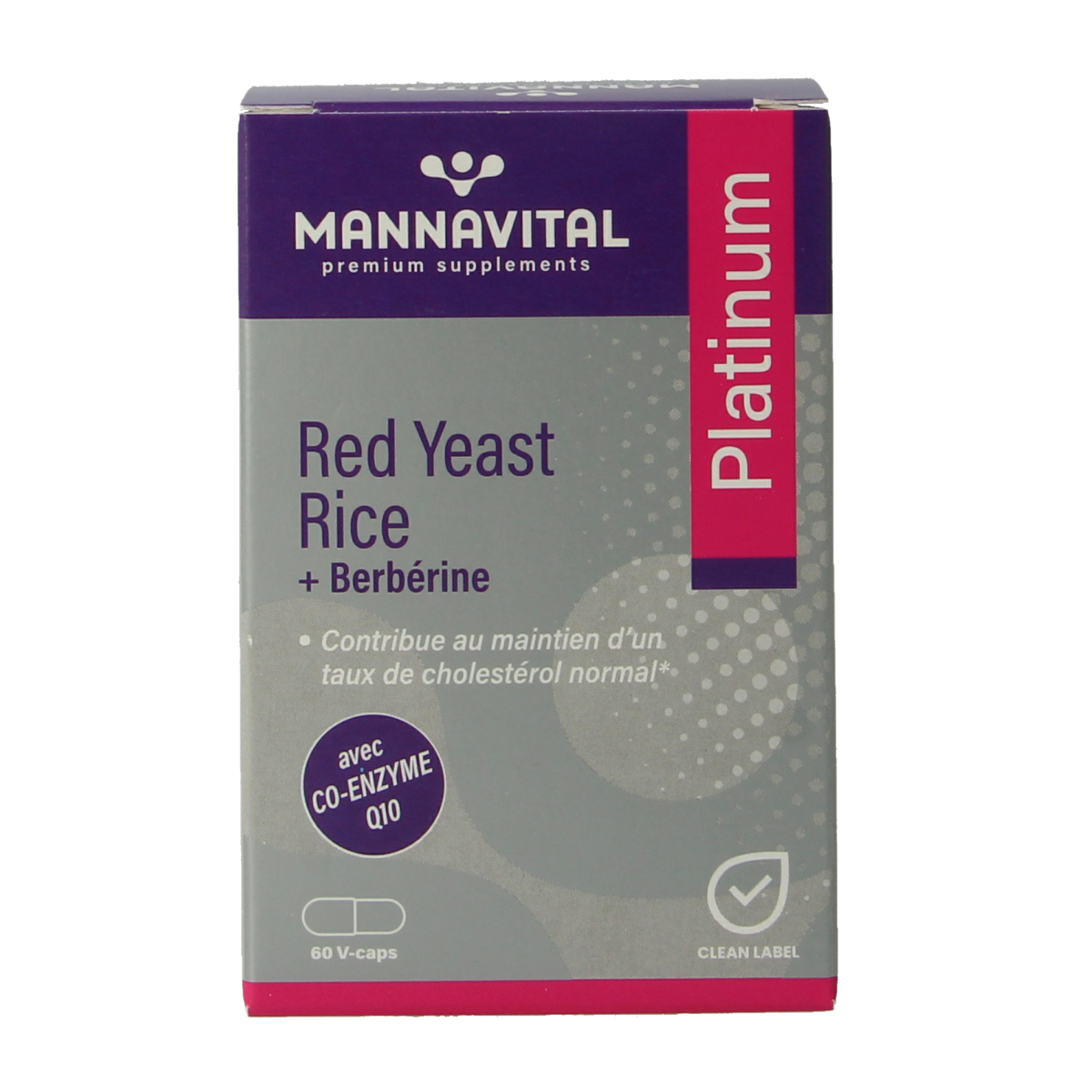 Mannavital Rode rijst en berberine Platinum vegetarische capsules in een pot, kruidenpreparaten voor gezondheid en welzijn.