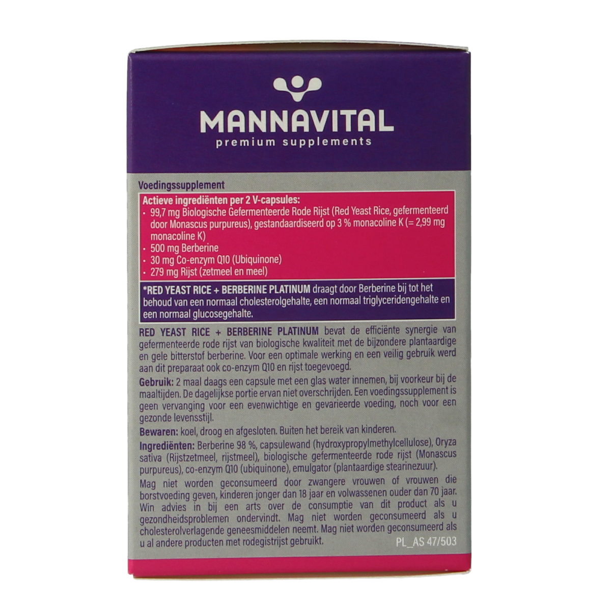 Mannavital Rode Rijst en Berberine Platinum vegetarische capsules in blister verpakking, kruidenpreparaat voor natuurlijke ondersteuning