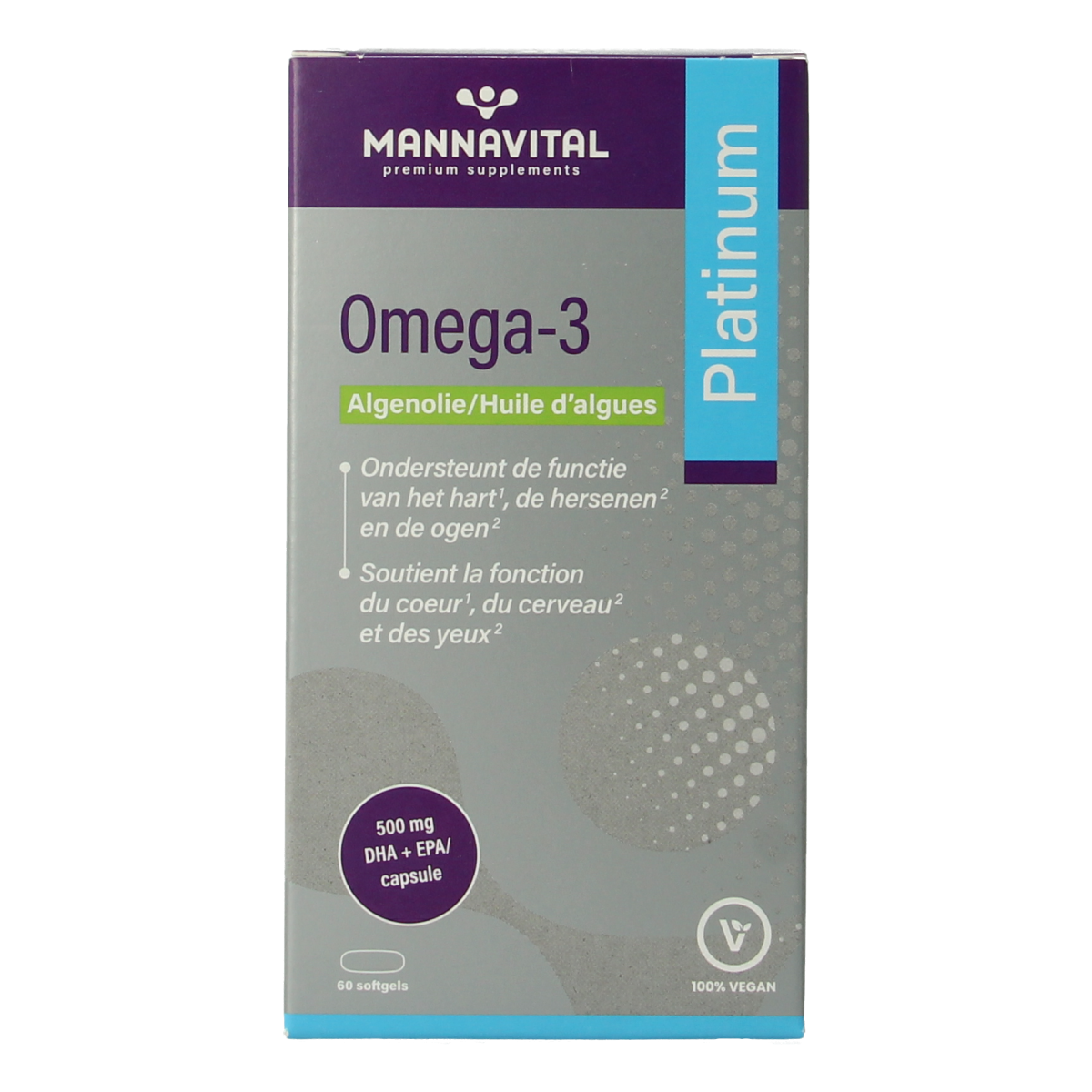 Mannavital Omega-3 Algenolie Platinum softgels supplement with 60 softgels, rich in healthy omega-3 fatty acids from algae.