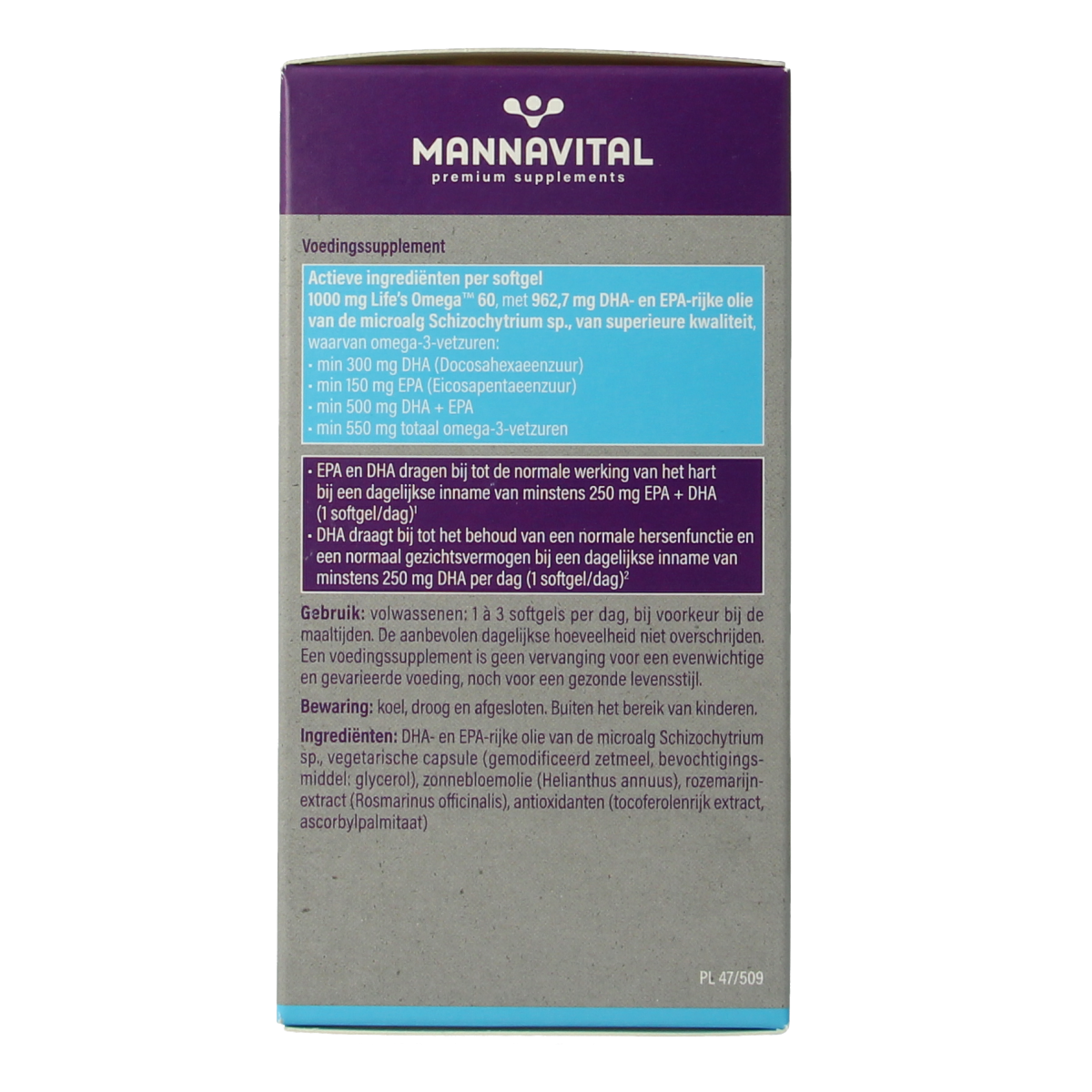 Mannavital Omega-3 Algenolie Platinum softgels, vegan omega-3 supplements in transparent bottle with label details.