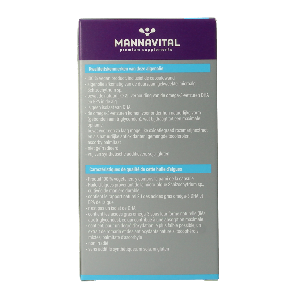 Mannavital Omega-3 algae oil softgels, platinum formula, 60 softgels, rich in healthy vetzuren, for heart and brain health.