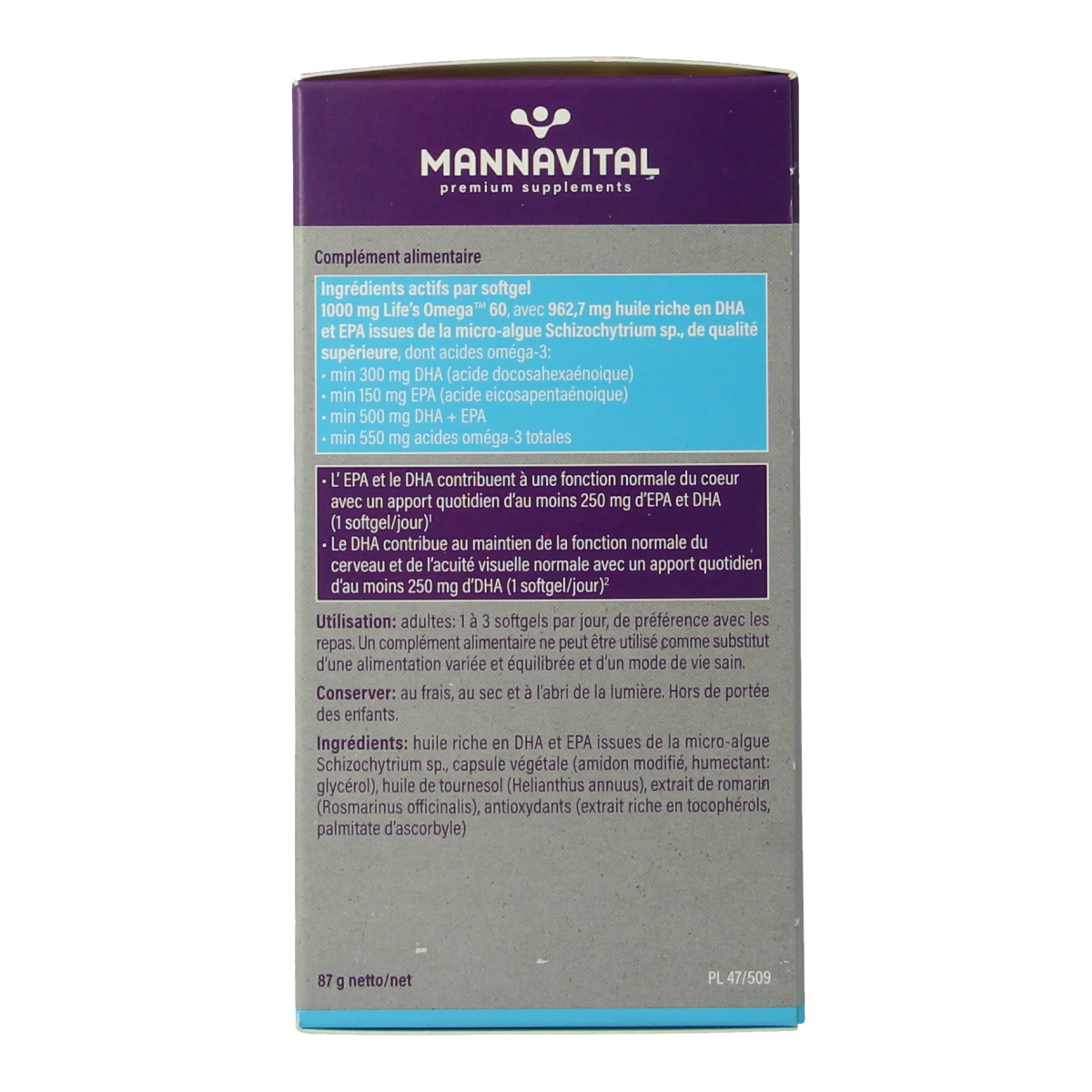 Mannavital Omega-3 algenolie platinum softgels, vegan omega-3 fatty acids supplement in a clear bottle with softgel capsules.