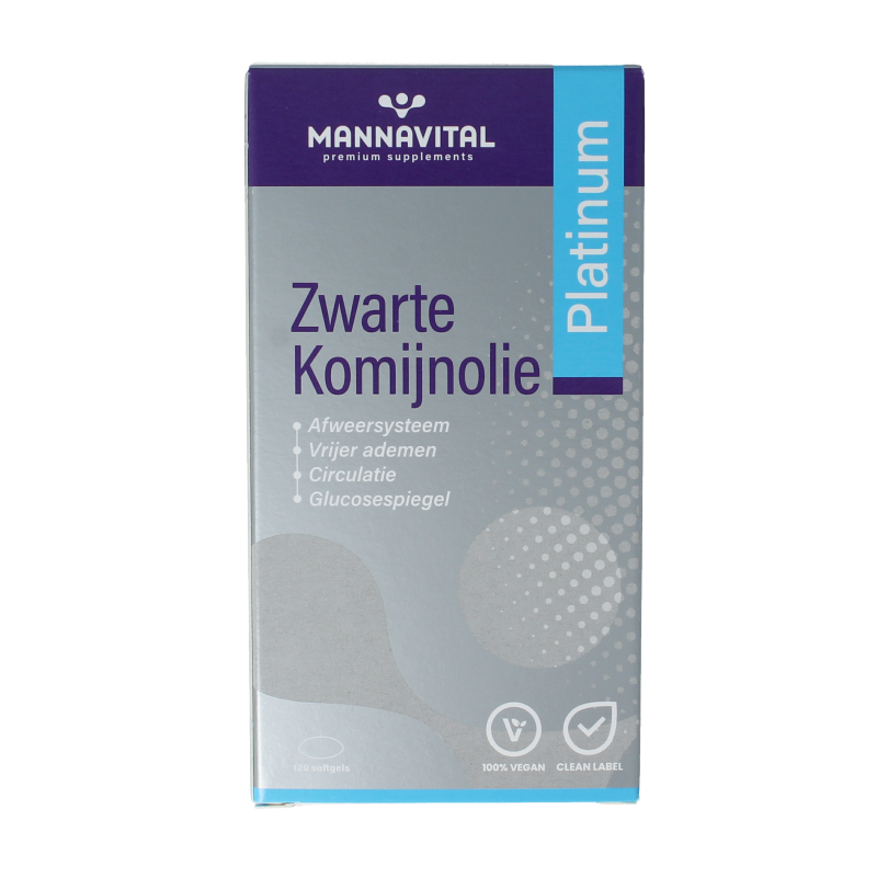 Mannavital Zwarte komijnolie platinum softgels in blister pack, herbal supplement for wellness, in dark capsules
