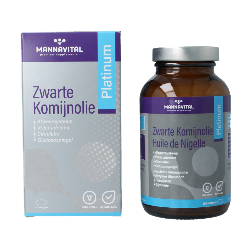 Mannavital Zwarte komijnolie platinum softgels in a bottle, part of Mannavital kruidenpreparaten line, with softgel capsules visible.