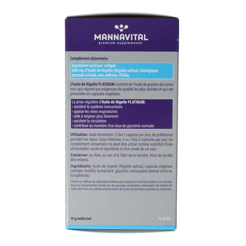 Mannavital Zwarte komijnolie platinum softgels in a transparent bottle, showing the black capsules inside.