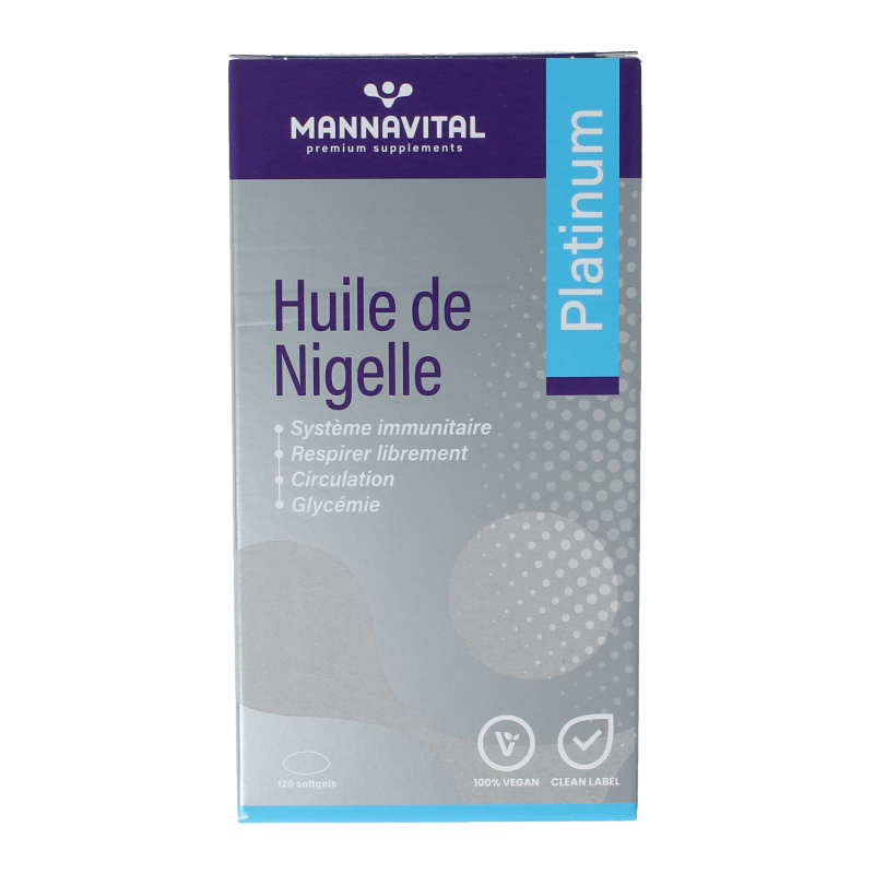 Mannavital Zwarte komijnolie platinum softgels in blister pack, herbal supplement for wellness and health.