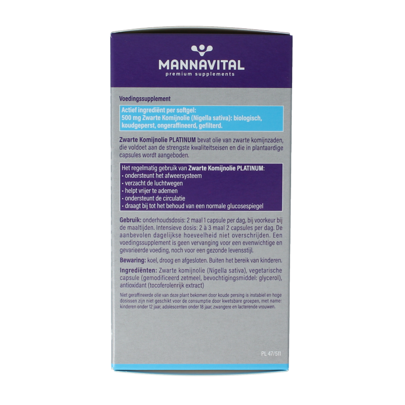 Mannavital Zwarte komijnolie platinum softgels in a bottle, herbal supplement from Mannavital, dark softgel capsules.