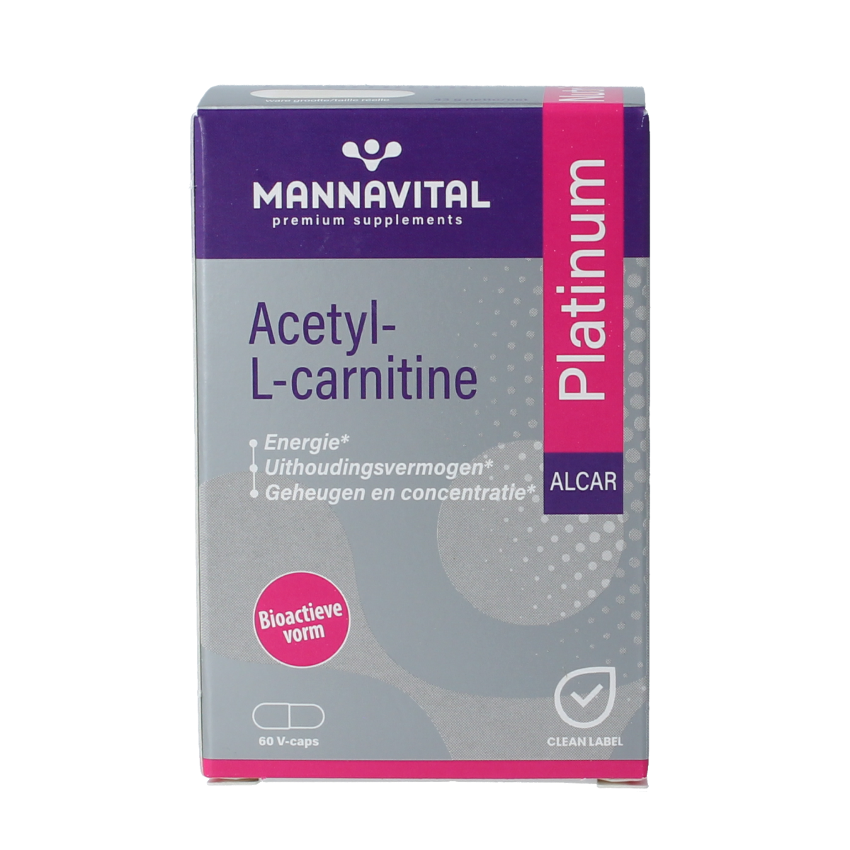 Mannavital Acetyl-L-Carnitine Platinum vegetarian capsules, dietary supplement with amino acids, in a clear bottle with capsules visible.