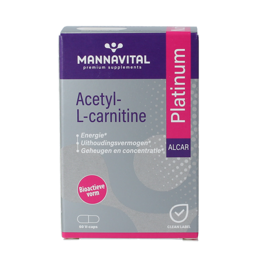 Mannavital Acetyl-L-Carnitine Platinum vegetarian capsules, dietary supplement with amino acids, in a clear bottle with capsules visible.