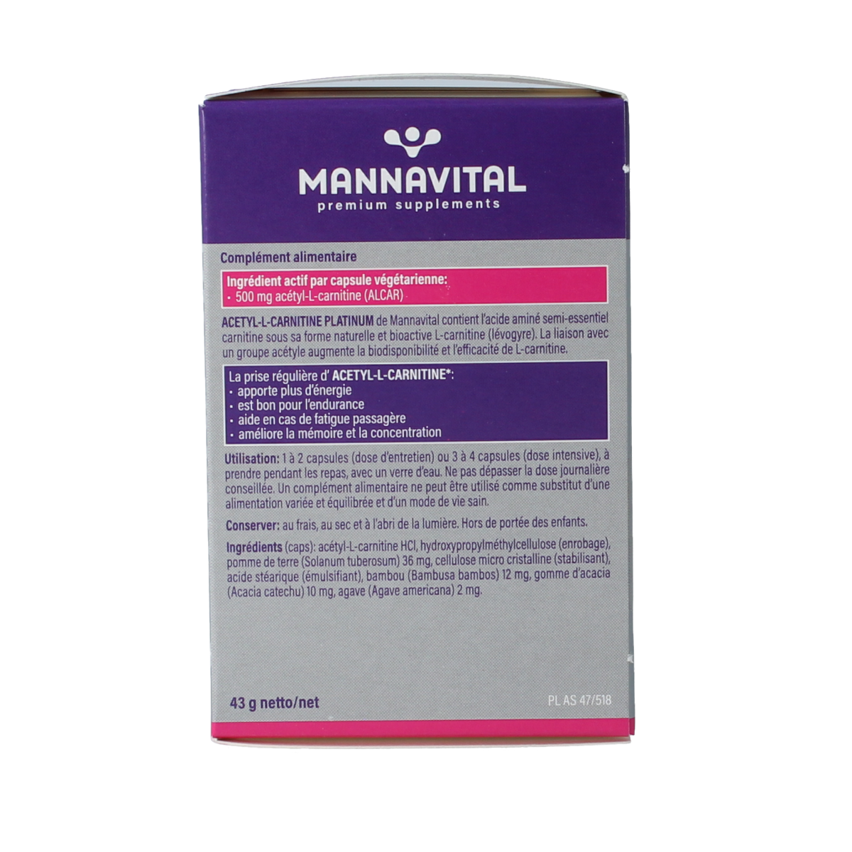 Mannavital Acetyl-L-Carnitine Platinum vegetarian capsules, amino acids supplement in a clear plastic bottle with capsules visible inside.