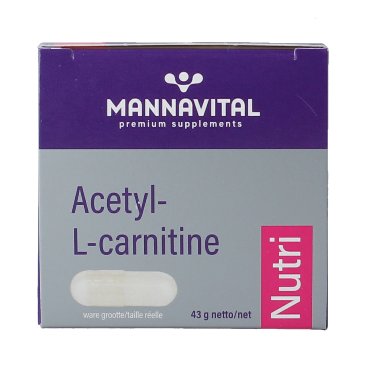 Mannavital Acetyl-L-Carnitine Platinum vegetarian capsules, dietary supplement for amino acids, shown in the image.
