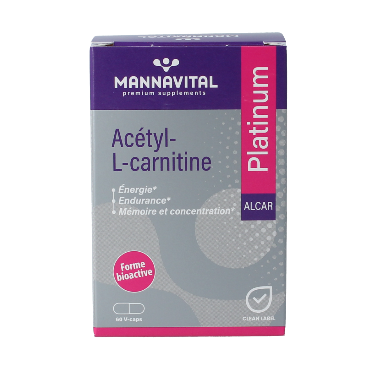 Mannavital Acetyl-L-Carnitine Platinum vegetarian capsules, dietary supplement in a clear bottle with capsules inside.