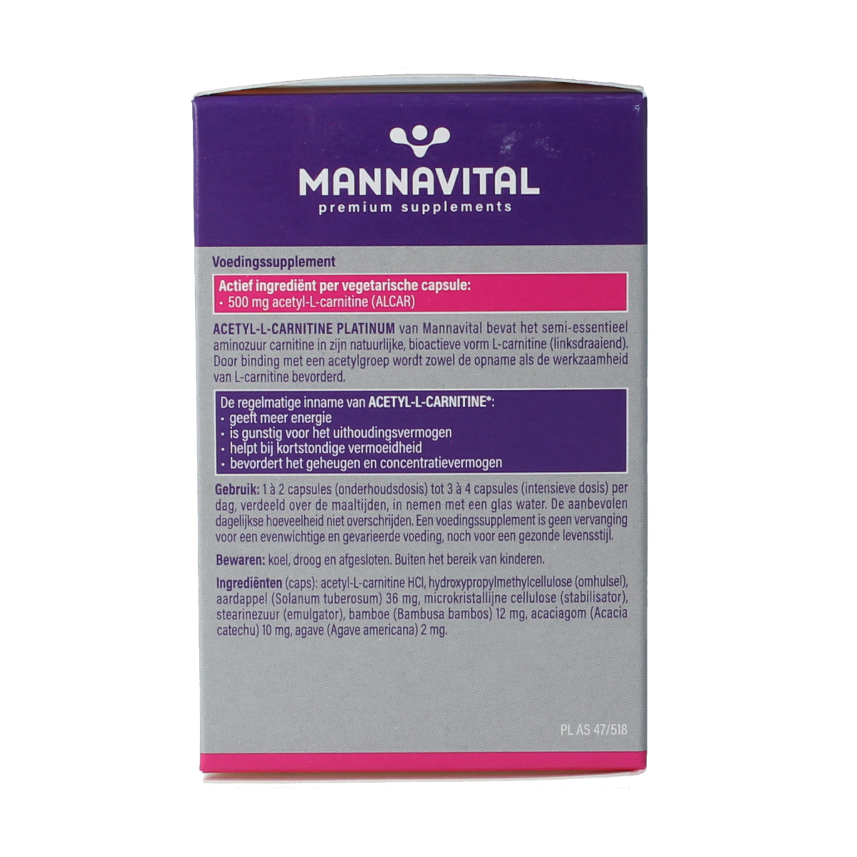 Mannavital Acetyl-L-Carnitine Platinum vegetarian capsules, dietary supplement, with amino acids, shown in the image.