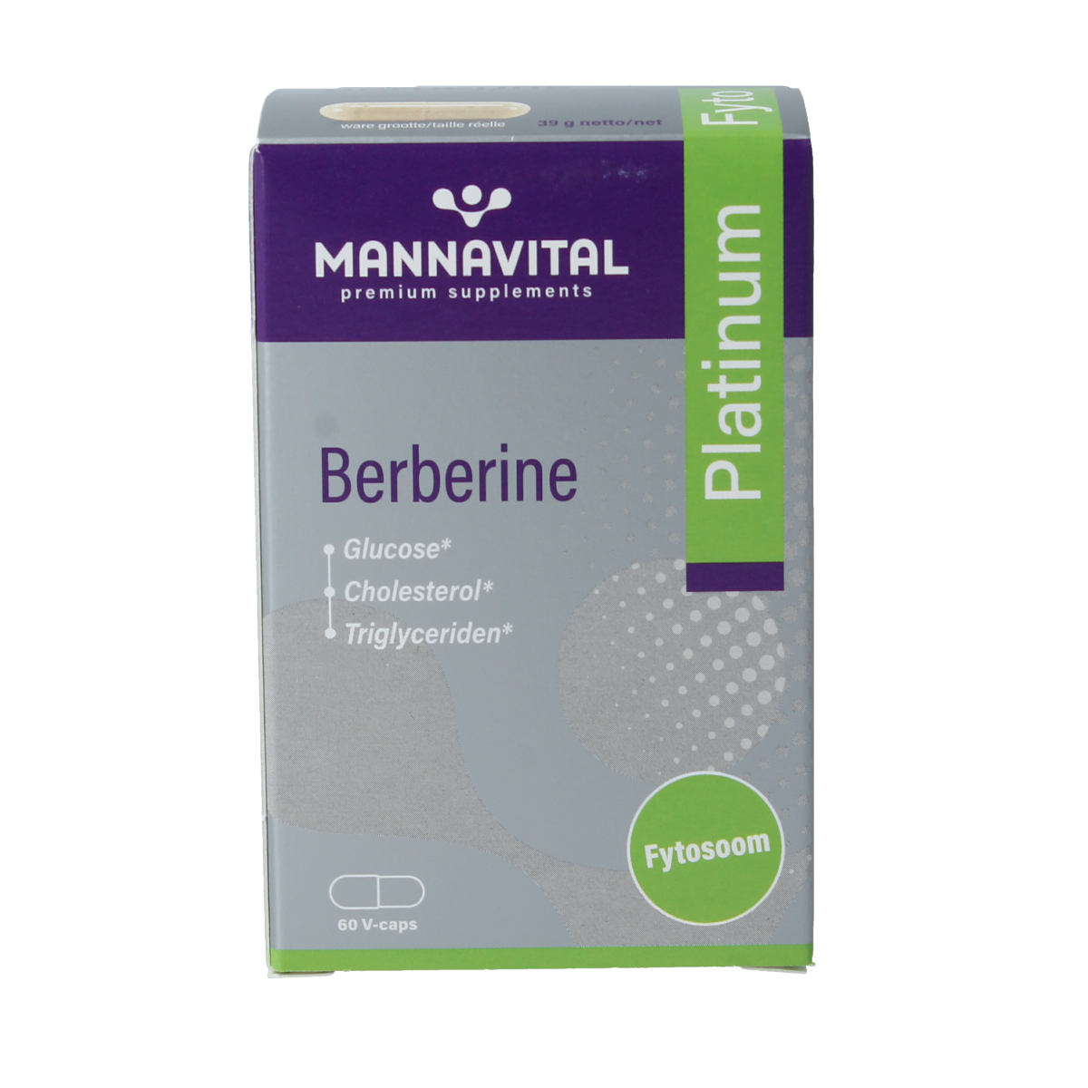 Mannavital Berberine Platinum vegetarian capsules, herbal supplement in white bottle with label, close-up of product packaging.