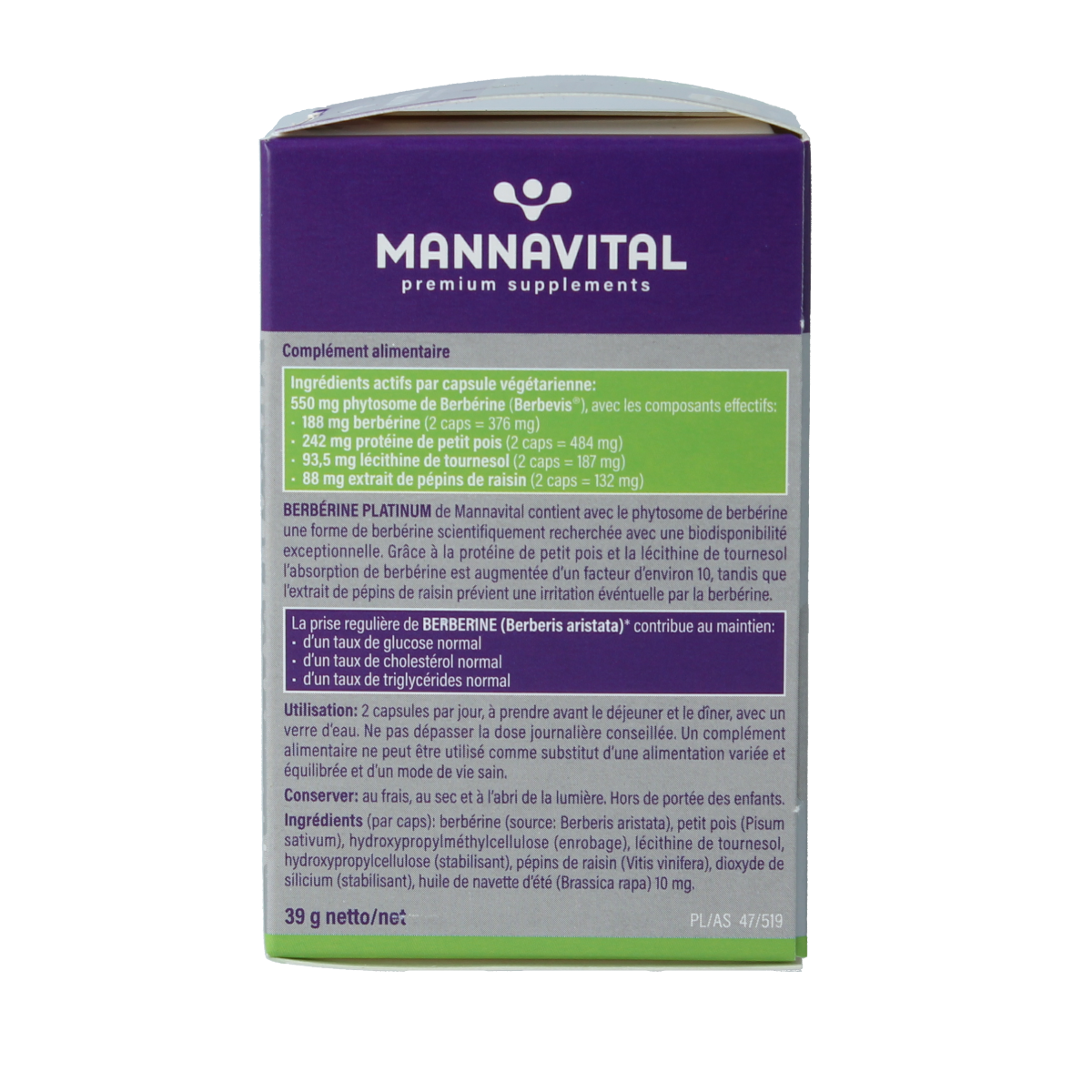 Mannavital Berberine Platinum vegetarian capsules, herbal supplement in yellow and green bottle, close-up image.