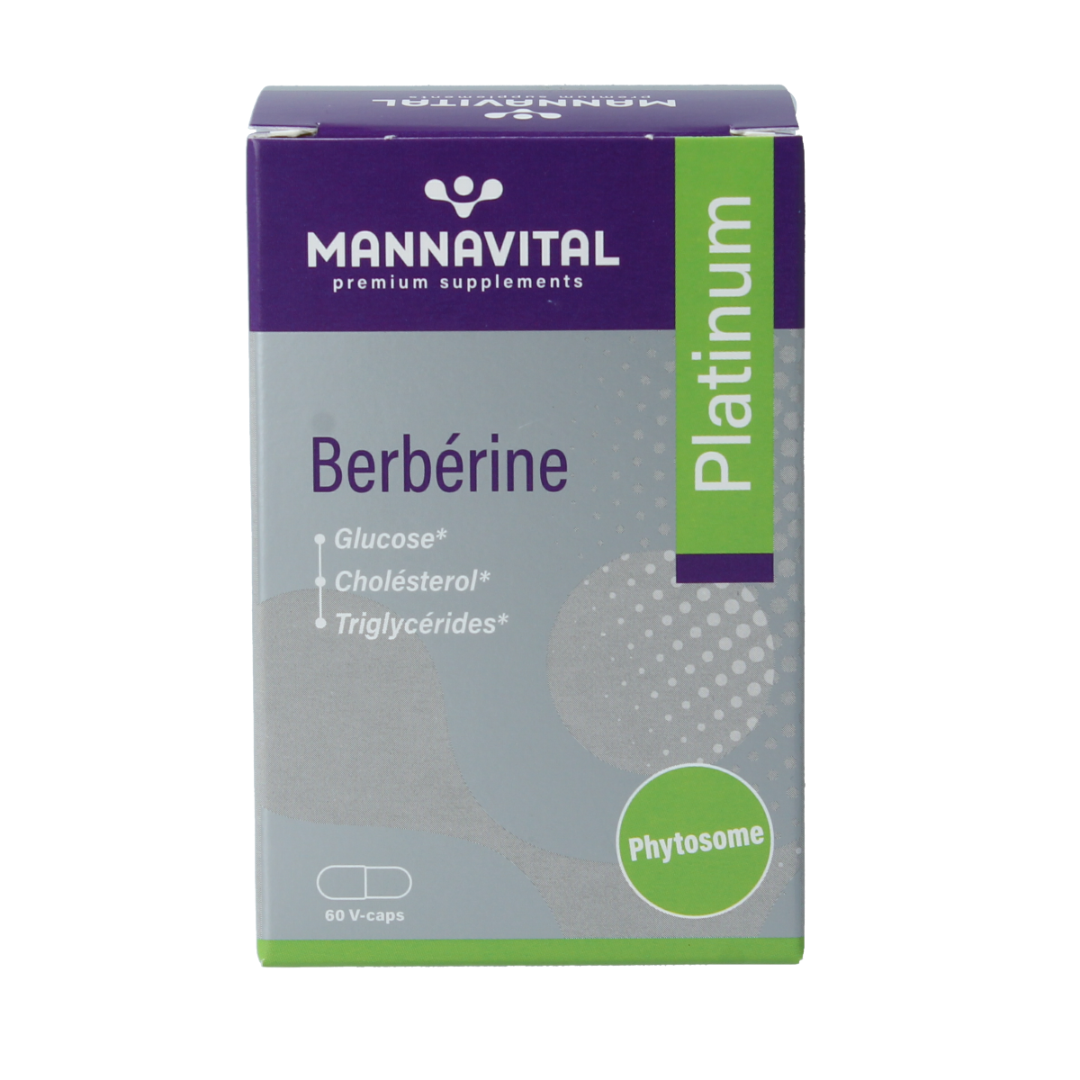 Mannavital Berberine Platinum vegetarian capsules in a bottle, herbal supplement from Mannavital for healthy blood sugar support.